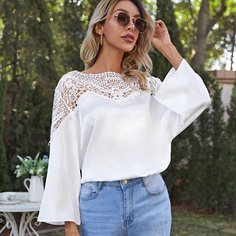 Контрастные кружева Одноцветный Бохо Блузы Shein