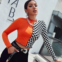 Декоративный край Клетчатый Повседневный Футболки Shein