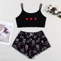 с бантом Мультяшный принт милый Пижама Shein