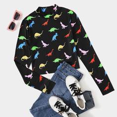 Топ с принтом динозавра и воротником-стойкой Shein