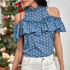 с оборками В горошёк Бохо Блузы Shein