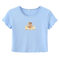 Нежно-голубой Декоративный край Объект Повседневный Футболки Shein