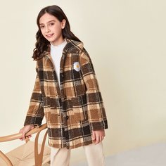 с вышивкой Клетчатый Институтский Пальто для девочек Shein