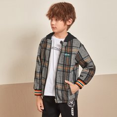 Куртка в клетку с капюшоном для мальчиков Shein