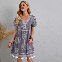 с бахромой Этнический принт Бохо Платье Shein