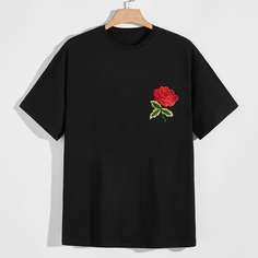 Мужская футболка с круглым вырезом и цветочной вышивкой Shein