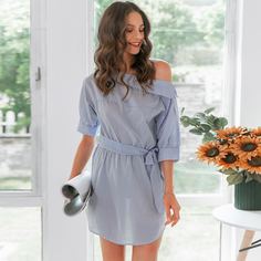 Асимметричное платье в полоску с поясом Shein