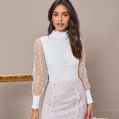 Топ с сетчатым рукавом в горошек и оригинальной отделкой Shein