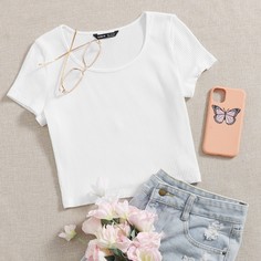 Кроп вязаная футболка в рубчик Shein