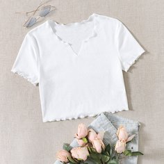 Волнистый край Одноцветный Повседневный Футболки Shein