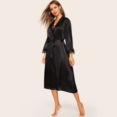 Атласный халат с поясом и кружевом Shein