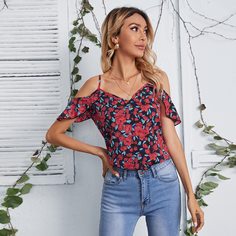 с оборками Цветочный Бохо Блузы Shein