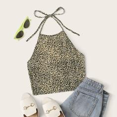 Короткий топ-халтер с леопардовым принтом Shein