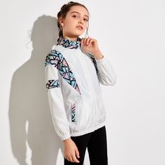 Куртка на молнии с оригинальным рисунком для девочек Shein