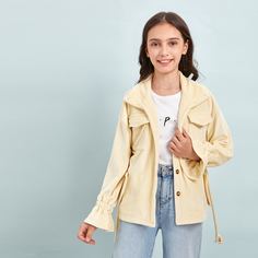 Бархатная куртка с поясом и карманом для девочек Shein