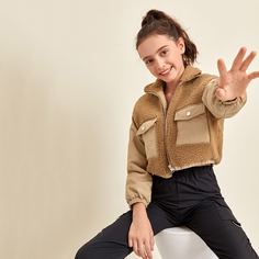 Плюшевая куртка на молнии с карманом для девочек Shein