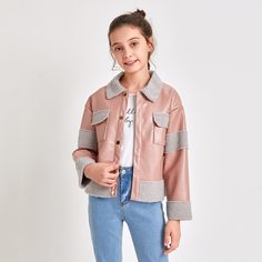 Куртка из искусственной кожи с карманом и плюшевой отделкой для девочек Shein
