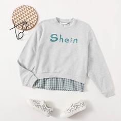 2 в 1 пуловер в клетку с текстовым принтом для девочек Shein