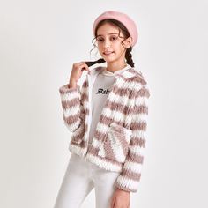 Плюшевая куртка в полоску на молнии с капюшоном для девочек Shein