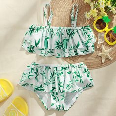 с оборками Растения Бохо Купальники для девочек Shein