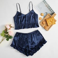 Оборка Одноцветный Сексуальный Комплект пижамы Shein