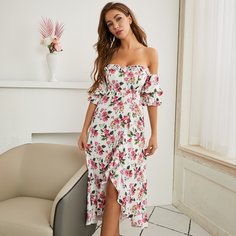 с оборками Цветочный принт Элегантный Платье Shein