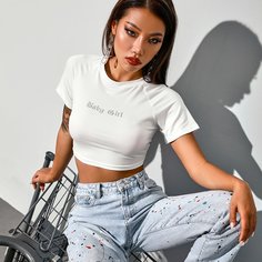 Кроп футболка с рукавом реглан и текстовым принтом Shein