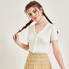 Контрастные кружева Одноцветный Повседневный Футболки Shein