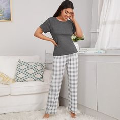 Пижама с коротким рукавом в клетку Shein