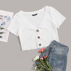 Трикотажная короткая футболка с пуговицами Shein