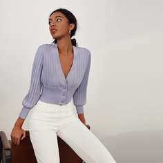 Вязаный кардиган в рубчик с рукавом фонариком и пуговицами Shein