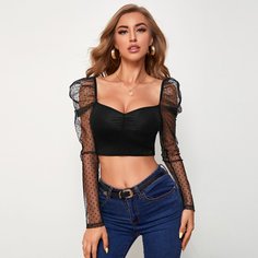 Кроп топ со сборкой и сетчатым рукавом Shein