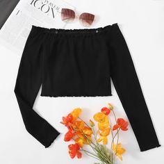 Декоративный край Одноцветный Повседневный Футболки Shein