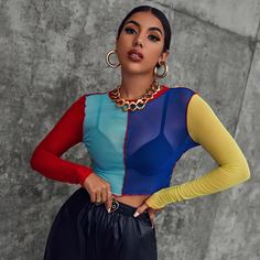 Чистый Контрастный цвет Сексуальный Женские топы Shein