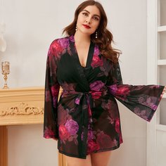 Цветочный сетчатый халат размера плюс без нижнего белья Shein
