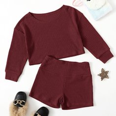 Футболка и шорты в рубчик для девочек Shein