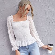 с оборками Одноцветный Бохо Блузы Shein
