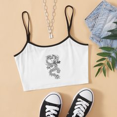 Топ с контрастной отделкой и принтом китайского дракона Shein