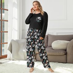 с карманами Со цветочками Повседневный Пижамный топ размера пюс Shein