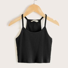 Однотонный вязаный ребристый топ на бретелях для девочек Shein