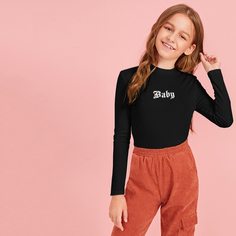 Вязаная футболка с текстовым принтом и воротником-стойкой для девочек Shein