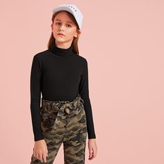 Трикотажная футболка с воротником-стойкой для девочек Shein