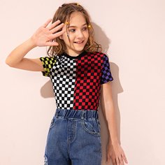 Контрастная футболка в клетку для девочек Shein
