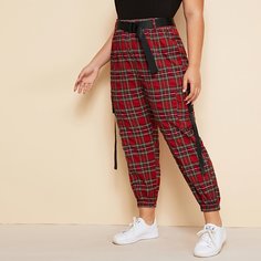Брюки в клетку с поясом размера плюс Shein