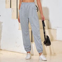 Однотонные спортивные брюки с эластичной талией Shein