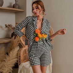 пиджак с пуговицами и шорты в клетку Shein