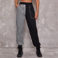Контрастные брюки в клетку с цепочкой Shein