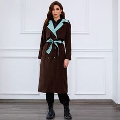 Контрастное двубортное пальто с поясом Shein