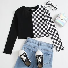 Клетчатый Повседневный Футболки для девочек Shein