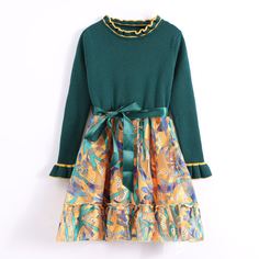 с оборками Растения Повседневный Трикотажные платья для девочек Shein